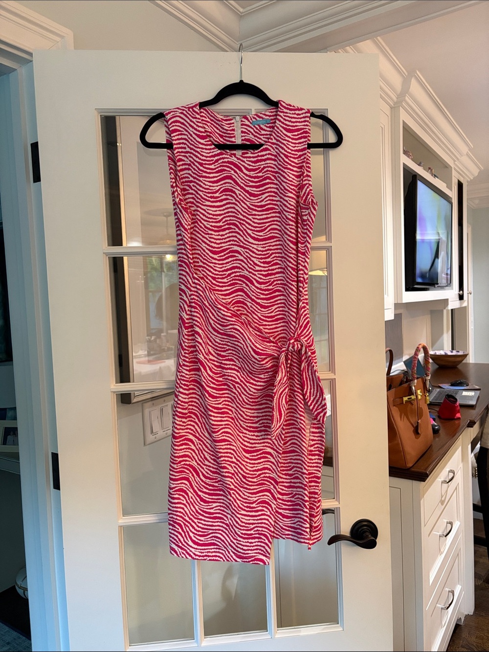 . McLaughlin Sleeveless Pink Zebra-Print Midi Dress with Side Tie